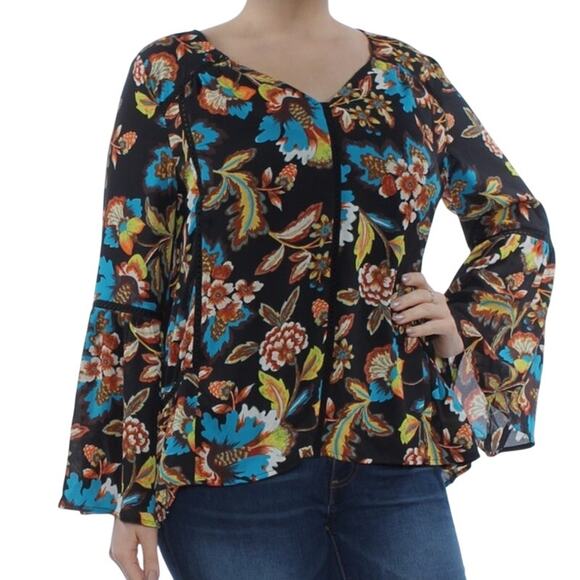 I.N.C. Woman Plus Size Floral Peasant Blouse Bell Sleeve Size 1X Boho Romantic - Picture 1 of 7